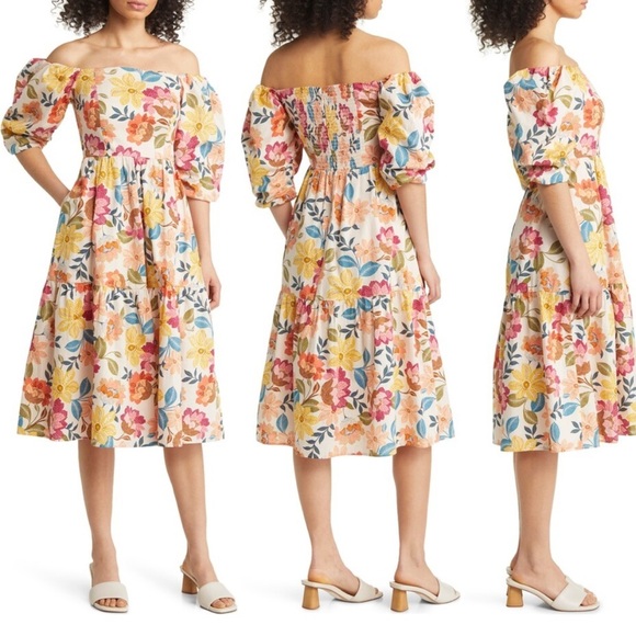 Vince Camuto Floral Off the Shoulder Stretch Cotton Dress NEW - Picture 3 of 10